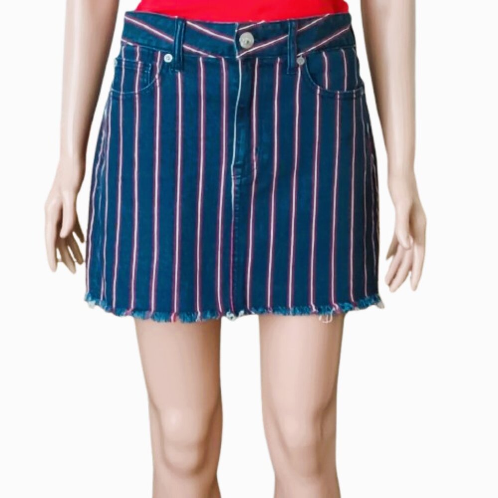 American Eagle Striped Mini Skirt 6 Red White Blue Super Stretch Denim Cut Off